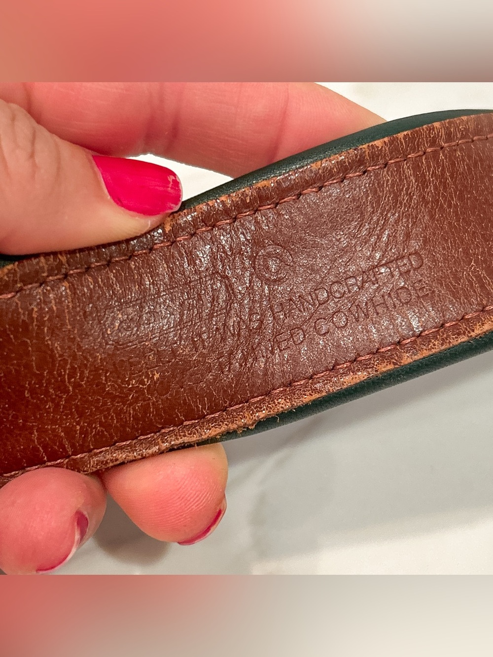 Vintage Coach Leather Belt Dark Green Size Large Waist 28-32 With Green Hangtag - Picture 6 of 9